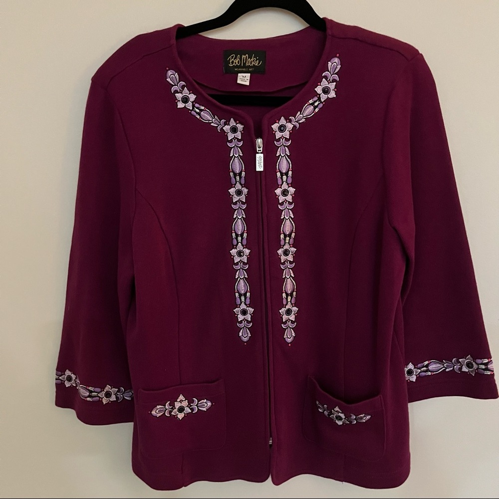 Bob Mackie Plum Embroidered Zip Front Cardigan